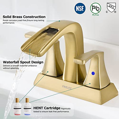 2 Handles Waterfall Bathroom Faucet with Metal Pop-up Drain and Faucet Supply Lines, Brushed Gold, Doris 1406808 - color: Brushed Gold