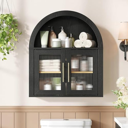 Maupvit Arched Bathroom Wall Cabinet, 23.6''W Modern Floating Medicine Cabinets with Fluted Glass Doors & Gold Handles, Space-Saving Over the Toilet Storage Cabinet for Bathroom Kitchen Laundry Room