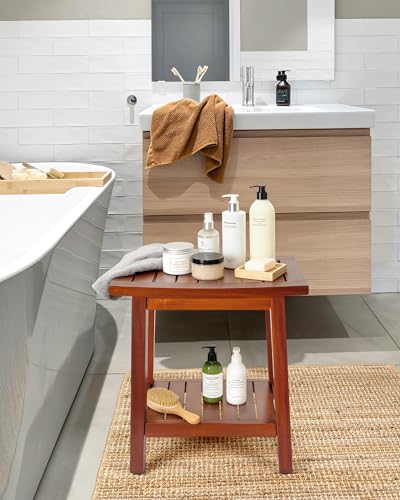 Upolana Teak Shower Bench, 16" Solid Acacia Wood Shower Stool Waterproof Shower Seat with Storage Shelf for Bathroom, Indoor & Outdoor Use