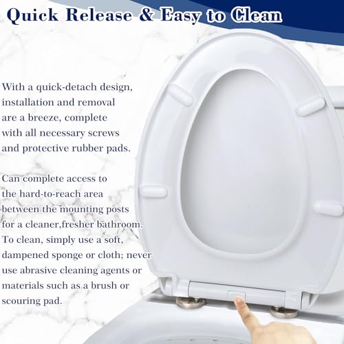 Quiet-Close Elongated Toilet Seat, Heavy Duty Toilet Seat Cover Comfort Non-Slip Seat Toilet Lid Bumpers Quick Release Hinges, Easy to Install & Clean, White