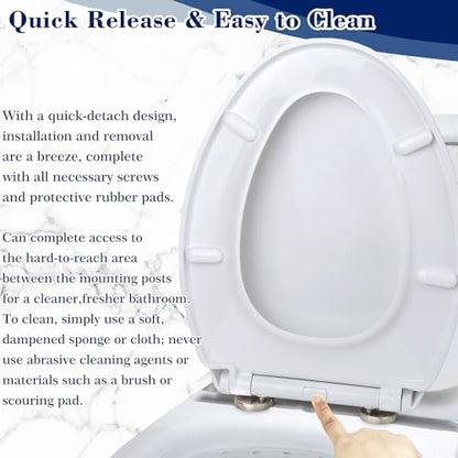 Quiet-Close Elongated Toilet Seat, Heavy Duty Toilet Seat Cover Comfort Non-Slip Seat Toilet Lid Bumpers Quick Release Hinges, Easy to Install & Clean, White