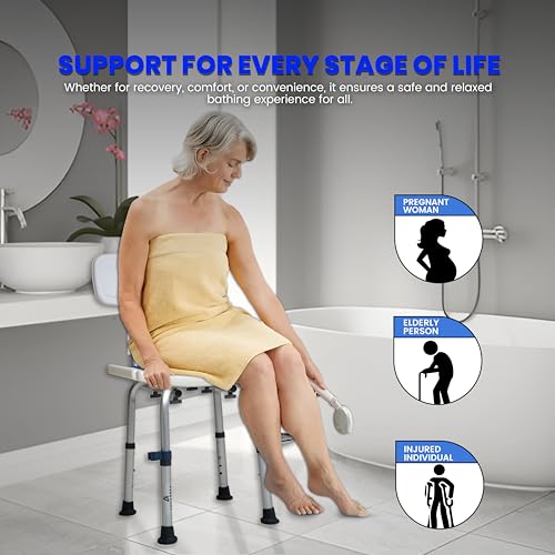 Shower Chair for Inside Shower With Soap box - Height Adjustable Shower Chair for Elderly and Disabled with Removeable Back & Enhanced Non-Slip Feet - Lightweight Aluminum Construction - Blue