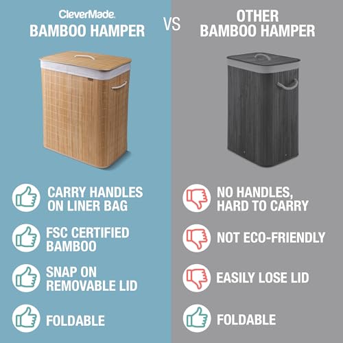 CleverMade Bamboo Double Laundry Hamper LUXE, 103L, Natural Bamboo Hamper | Sort Laundry as You Go with Dual Removable Liners | Lift Each Bag to the Washer and Keep Clothes Hidden Under the Lid - size: Double