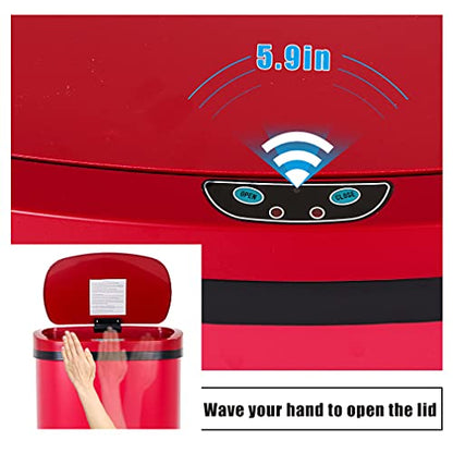 13 Gallon 50 Liter Garbage Can Kitchen Trash Can with Lid Automatic Sensor Touch Free Stainless Steel Waste Bin for Bathroom Bedroom Home Office,Red - color: Red, style: Stainless Steel