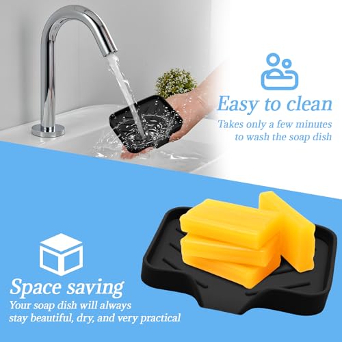 BokWin Silica Gel Soap Dish with Drain, Black, 4.8x3.5 Inch | 1 Pack, Self Draining, For Shower, Bathroom and Kitchen, Bar Soap Holder - color: Black