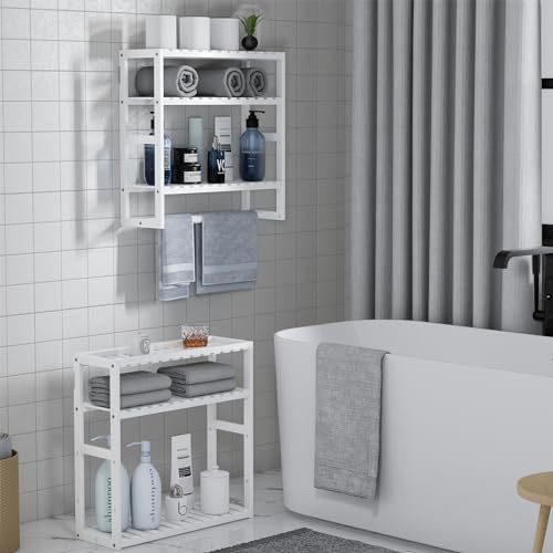 Towel Rack Bathroom Storage Shelves Over The Toilet with Towel Bar 100% Bamboo Adjustable Height Floating Shelf Wall Shower Shelf for Small Space Updated Painting - color: Updated White 1pack
