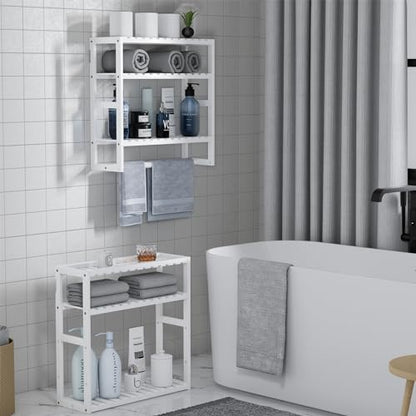 Towel Rack Bathroom Storage Shelves Over The Toilet with Towel Bar 100% Bamboo Adjustable Height Floating Shelf Wall Shower Shelf for Small Space Updated Painting - color: Updated White 1pack