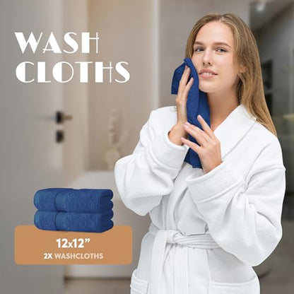 Navy Bath Towel Set of 6 - 100% Cotton Highly Absorbent Towels for Bathroom, 2 Luxury Bath Towels 650GSM, 2 Hand Towels, 2 Washcloths - color: Navy Blue
