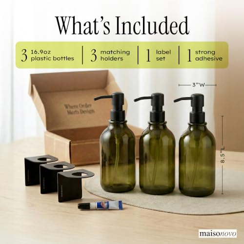 MaisoNovo Shampoo and Conditioner Dispenser|Refillable Green Set of 3 | No Drill Wall Mount - Shower Soap Dispenser · Holds Body Wash or Hand Soap · Wall Soap Dispenser - color: Green Black Set of 3