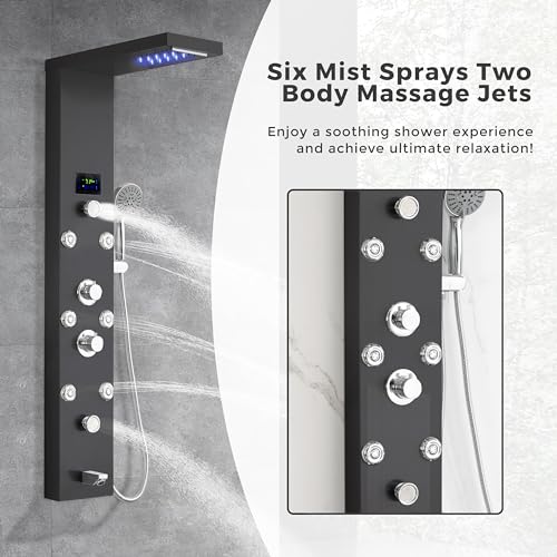 DELAVIN LED Stainless Steel Shower Tower, 5-Function Shower Panel Tower | Temperature Display, with Rainfall Waterfall Shower Head, Massage Body Jets, Tub Spout, Handheld Shower, Brushed Black - color: Brushed Black, style: 8 Body Jets With LED
