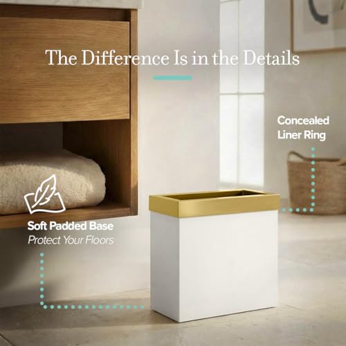 Gatco Modern Rectangle Wastebasket, Matte Pearl and Brushed Brass Combo - Stainless Steel Trash Can with Removable Lid, Leakproof, 3 Gallon Capacity for Bathroom, Bedroom, Kitchen, or Office - color: Matte Pearl / Brass
