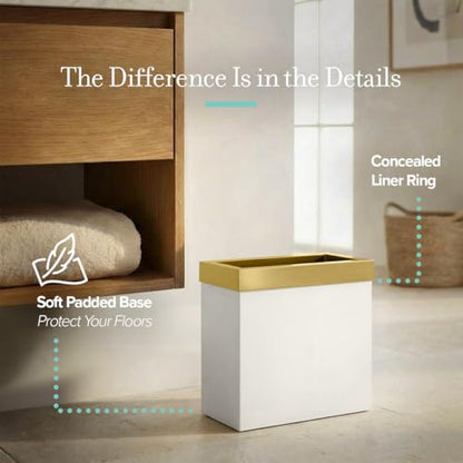 Gatco Modern Rectangle Wastebasket, Matte Pearl and Brushed Brass Combo - Stainless Steel Trash Can with Removable Lid, Leakproof, 3 Gallon Capacity for Bathroom, Bedroom, Kitchen, or Office - color: Matte Pearl / Brass