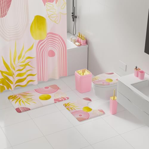 Bathroom Set - 27PC Bathroom Sets with Shower Curtain and Rugs, Pink Bathroom Set, Bathroom Accessory Set, Trash Can, Toilet Brush & 3 PC Soap Dispensers - color: Pink, size: Bath Set+Boho Shower Curtain+Bath Rugs