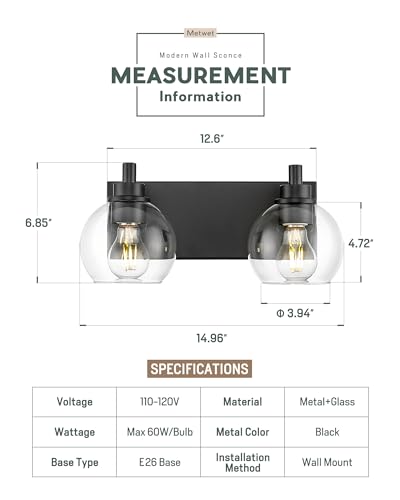 2-Light Matte Black Bathroom Vanity Light, Clear Glass Globe Shade | 15" modern bathroom light fixtures over mirror, E26 base, bulbs not included, VL195-MB-2 - color: Black, Clear Glass, size: 2-light