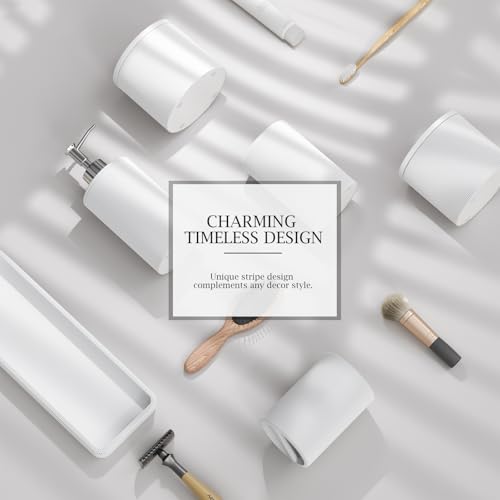 6-Piece White Bathroom Set - Mesh Textured Resin Bathroom Accessories Set with Soap Dispenser, Toothbrush Holder, Cup, Vanity Tray & Apothecary Jars for Small Spaces - color: White - Mesh Textured