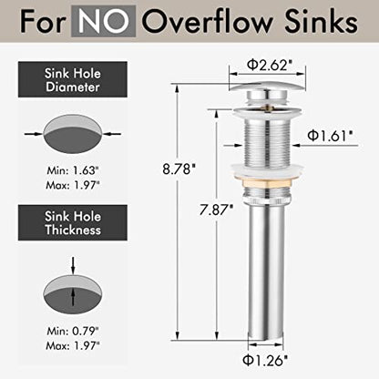 KES Bathroom Sink Drain Without Overflow Vessel Sink Lavatory Vanity Pop Up Drain Stopper Polished Chrome for 1.6"-1.9" Sink Hole, All Metal Rustproof Brass and 304 Stainless Steel, S2008D-CH - color: Polished Chrome, style: NO Overflow, 1 Pack