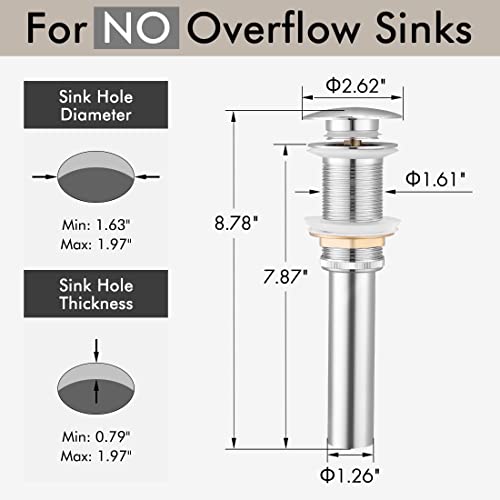 KES Bathroom Sink Drain Without Overflow Vessel Sink Lavatory Vanity Pop Up Drain Stopper Polished Chrome for 1.6"-1.9" Sink Hole, All Metal Rustproof Brass and 304 Stainless Steel, S2008D-CH - color: Polished Chrome, style: NO Overflow, 1 Pack