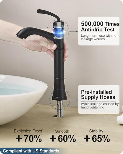 Brass Vessel Sink Faucet Black Single Handle, Tall Bathroom Faucets for Vessel Sinks 1 Hole with Pop-Up Drain, Pre-Installed Hoses, Removable Aerator - color: Matte Black
