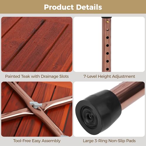 Teak Shower Bench with Handles, Waterproof Solid Wood Shower Stool, 7 Adjustable Shower Chair with Storage Towel Shelf & Drain Grooves, Easy Grip, Bathtub/Bathroom/Outdoor Use, 300 LBS