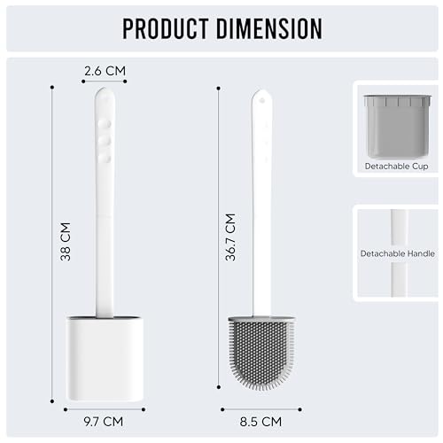 Toilet Brush Silicone and Holder Set – Pack of 1 Wall Mounted Toilet Brush White – Long Non-Slip Handle, Flexible Bristles for Easy Cleaning – Modern Toilet Scrubber Brush - color: White, size: Pack of 1