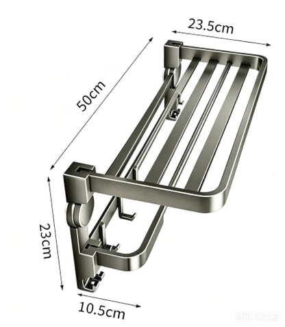 Wall-Mounted Towel Rack with Hooks, Foldable Bathroom Shelf, No Drilling Suction Cup Storage Organizer, Brushed Silver
