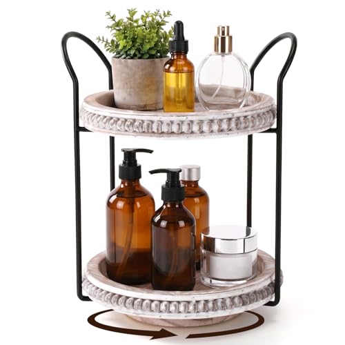 Qunclay 360 Rotating 2 Tier Wooden Tray Organizer Rustic Farmhouse Vanity Storage Large Capacity Round Organizer with Iron Frame for Cosmetics Perfume Skincare Kitchen Counter Bathroom Coffee Station
