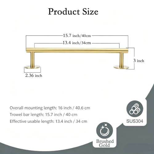 Self Adhesive Towel Bar,16" Brushed Gold No Drill Bathroom 304SS Towel Holder - color: Brushed Gold, size: 15.7 Inch