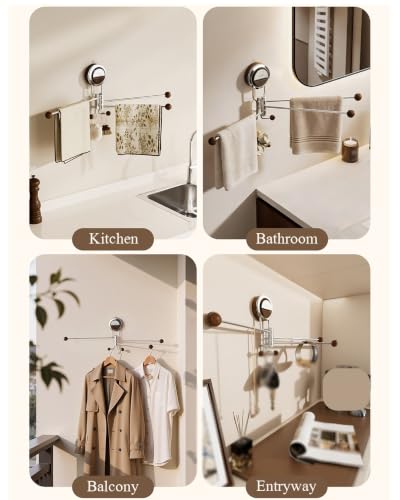 No-Drill Suction Cup Towel Bar 3 Arm 180° Rotating, Stainless Steel & Wood Knobs Suction Towel Bar, Wall Mounted Towel Rack for Bathroom Kitchen, Reusable