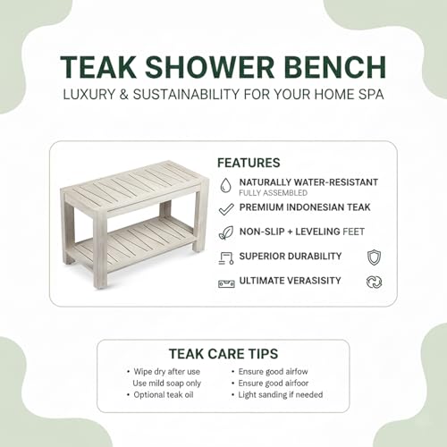 The Sitara Teak Shower Bench with Shelf, 30" Wide, Rustic Light Grey Wash
