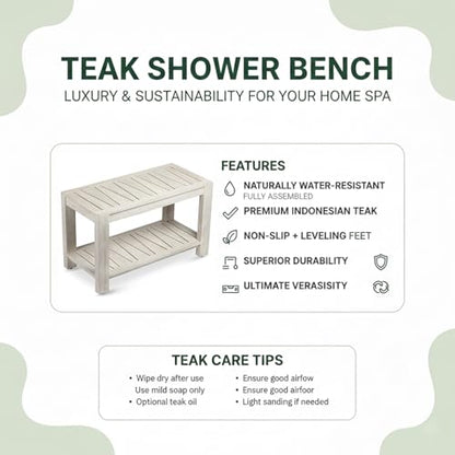 The Sitara Teak Shower Bench with Shelf, 30" Wide, Rustic Light Grey Wash