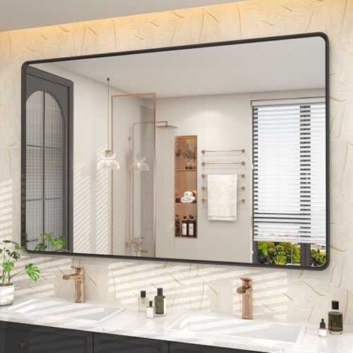 OKPAL 55X36 Inch Matte Black Bathroom Mirror, Black Framed Bathroom Vanity Mirror, Black Rectangle Mirror, Round Corner, Rustproof, Shatter-Proof (Horizontal/Vertical) - color: Matte Black, size: 55"L x 36"W
