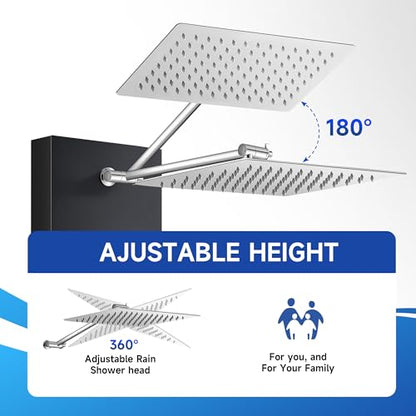 Shower Panel Tower System with Shelf, Tub Spout, Total 4 Body Spray & 5 Handheld Settings, Adjustable Height, Rainfall + Waterfall Shower Head Body Jet Massage
