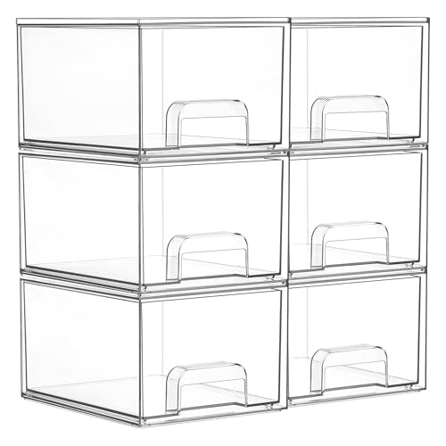 Vtopmart 6 Pack Small Clear Stackable Storage Drawers,Acrylic Bathroom Makeup Organizer,Plastic Storage Bins For Vanity, Undersink, Kitchen Cabinets, Pantry, Home Organization | Bathroom Makeup Organizer, Plastic Bins For Desk, Vanity, Undersink, Kitchen,