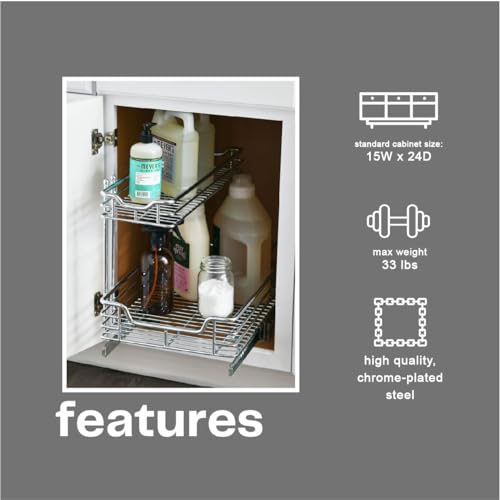 Household Essentials Glidez 2‑Tier Large Multipurpose Chrome‑Plated Steel Pull‑Out/Slide‑Out Under Sink Organizer, Chrome Finish - size: 12.25" - Extended, style: Undersink