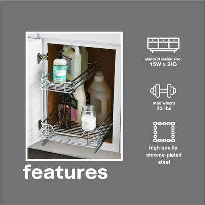 Household Essentials Glidez 2‑Tier Large Multipurpose Chrome‑Plated Steel Pull‑Out/Slide‑Out Under Sink Organizer, Chrome Finish - size: 12.25" - Extended, style: Undersink