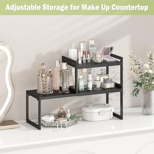 DOLALIKE Expandable kitchen Countertop Organizer, Stackable Cabinet Shelf Organizers, Space Saving Spice Rack Pantry Storage for Bathroom Office (Black, 1 Pack) | Space Saving Metal Pantry Storage Racks for Kitchen Spice Rack Pans and Untensils Bathroom O