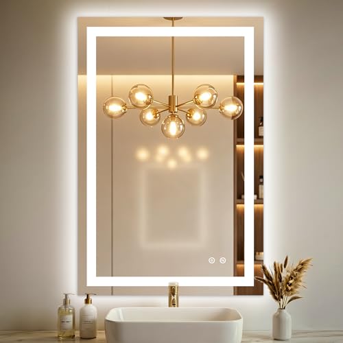 36x24 LED Bathroom Mirror with Lights, Lighted Vanity Mirror for Wall | Front and Backlit, Anti Fog, Dimmable 3 Color Lighting, Memory Function, Shatter Resistant Glass, Plug in or Hardwired - size: 36"L x 24"W