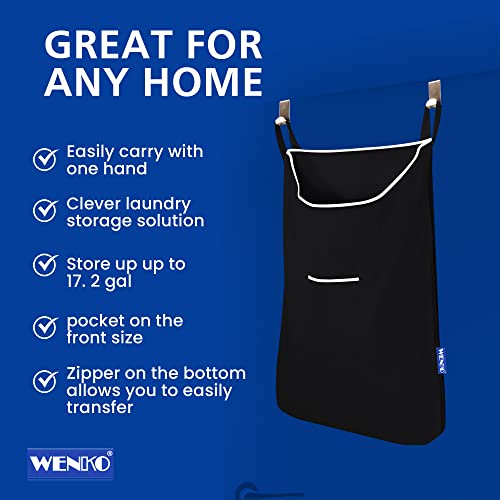 WENKO Laundry Hamper Bag Hanging, Over The Door Basket with Hooks, for Bathroom, Closet, Space Saving Storage, Wall mounted 3.94 x 20.47 x 31.89 in, Black - color: Black