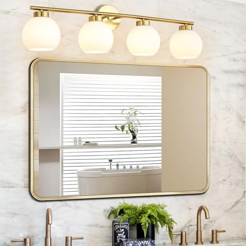 4 Light Bathroom Vanity Light, Gold Bathroom Light Fixtures Over Mirror, Mid Century Modern Wall Light with Frosted Globe Glass Shades, 32 inch Brass Vanity Lights, E26 Socket - color: Gold & Milky White Glass, size: 4-Light