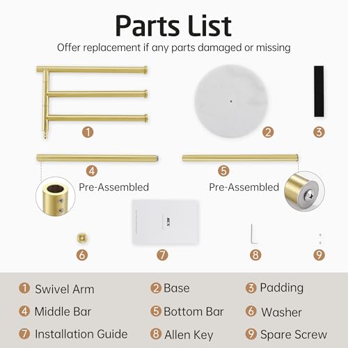 KES 40-Inch Freestanding Towel Rack with Weighted Marble Base, Brushed Gold | 10.2 Lb Natural Stone Base, 3 Swivel Arms, SUS304 Stainless Steel, Anti-Slip, Quick-Dry Design - color: Brushed Gold, size: 3 Arms
