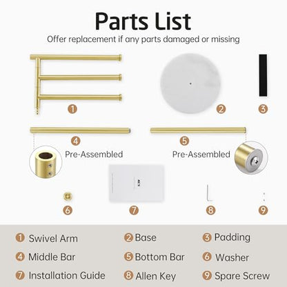 KES 40-Inch Freestanding Towel Rack with Weighted Marble Base, Brushed Gold | 10.2 Lb Natural Stone Base, 3 Swivel Arms, SUS304 Stainless Steel, Anti-Slip, Quick-Dry Design - color: Brushed Gold, size: 3 Arms
