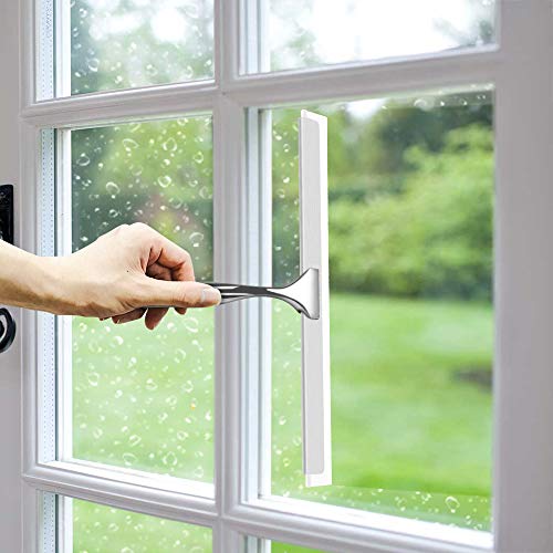 BININBOX Shower Squeegee for Shower Doors, Window, Bathroom, Mirror and Car Glass, All-Purpose Cleaning Squeegee with Powerful Suction Cup Hooks Holder – Stainless Steel, 10 Inches. (Black)