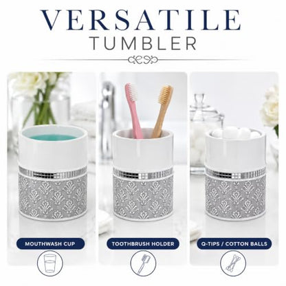 Creative Scents Mirror Damask 4 Piece Resin Bathroom Accessories Set | Includes Soap Dispenser, Toothbrush Holder, Tumbler Cup & Soap Dish - color: 4 Piece Set