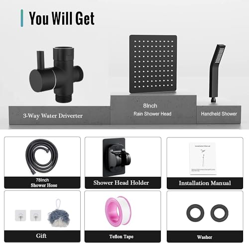 Shower Head with handheld, High Pressure 8'' Rain Shower Head/Brass Handheld Shower Combo,with 78'' Hose Anti-leak Shower Head with Adhesive Shower Head Holder (Square, Black) - color: Black, size: 8