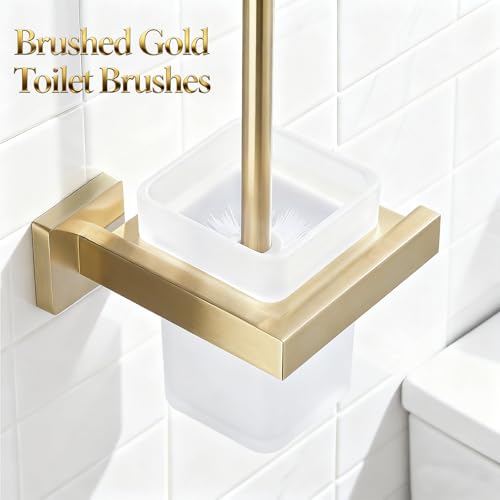 Brushed Gold Toilet Brush and Holder Set, NEWRAIN Wall Mounted Toilet Bowl Brush with Long Handle, Stainless Steel Toilet Brushes for Bathroom-Space Saving - color: Brushed Gold