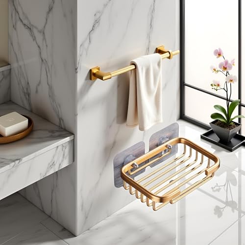 Gold Bar Soap Holder for Shower Wall,Stainless Steel Adhesive Soap Dish for Bathroom,Drill Free Soap Holder Storage Rack Soap Dishes Bathroom Accessories Holders and Dispensers