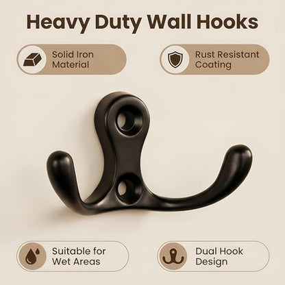 10 Pack Black Dual Prong Wall Hooks, 15 lbs Heavy Duty J-Shaped Coat Hooks with Screws & Anchors, Rust Resistant Wall Mounted Hooks for Farmhouse Industrial Entryway Bathroom - color: Black