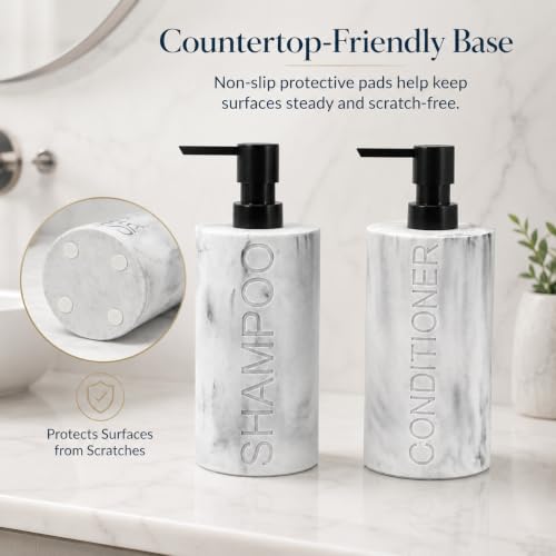 Marble Resin 2 Piece Shampoo and Conditioner Dispenser Set, Luxurious Refillable Pump Bottles with Matte Pump Top and Embossed Text, Durable Design for Bathroom and Shower - color: 2pack Marble Shampoo and Conditioner Set