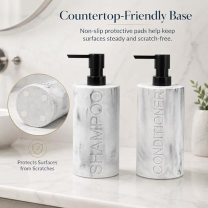 Marble Resin 2 Piece Shampoo and Conditioner Dispenser Set, Luxurious Refillable Pump Bottles with Matte Pump Top and Embossed Text, Durable Design for Bathroom and Shower - color: 2pack Marble Shampoo and Conditioner Set