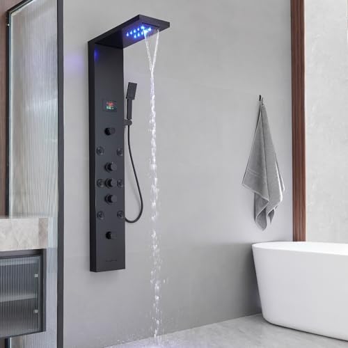 BWE Shower Panel Tower System LED Light Temperature Display 6-Function Stainless Steel shower system with Rainfall Waterfall Massage Body Jets Tub Spout and Handheld Shower, Matte Black